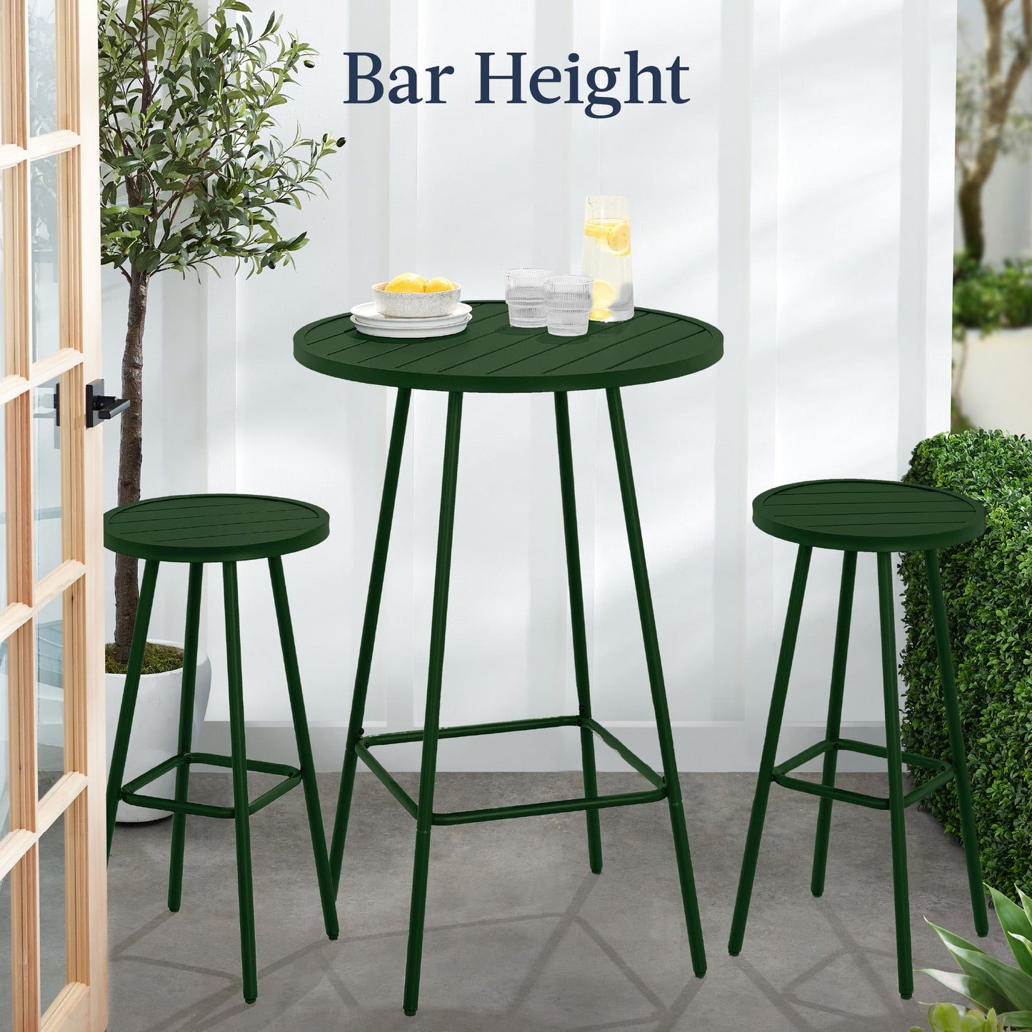 3-Piece Patio Bar Height Bistro Set w/ Backless Stools, Slatted Design