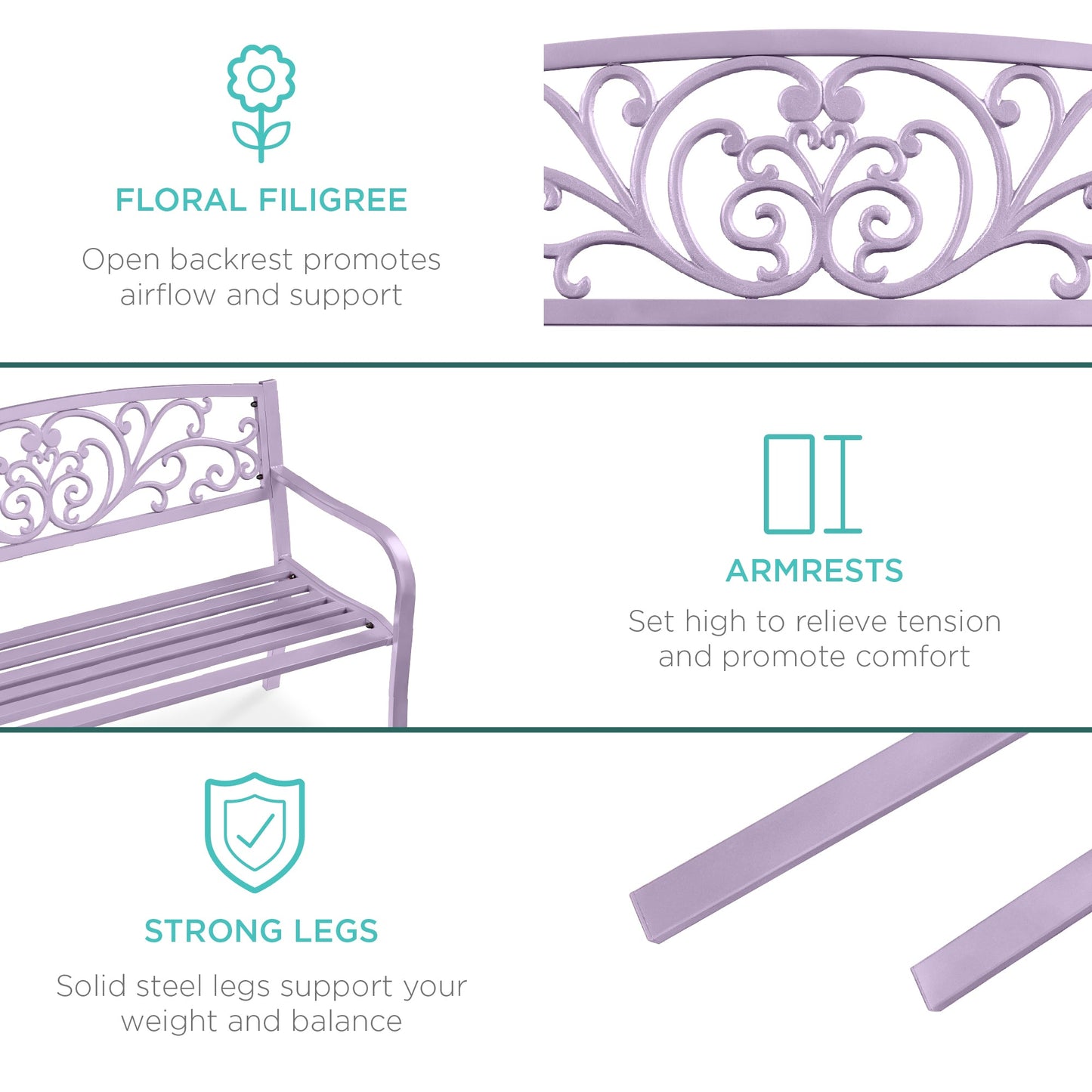 Steel Bench for Outdoor, Patio, Garden w/ Floral Design - 50in