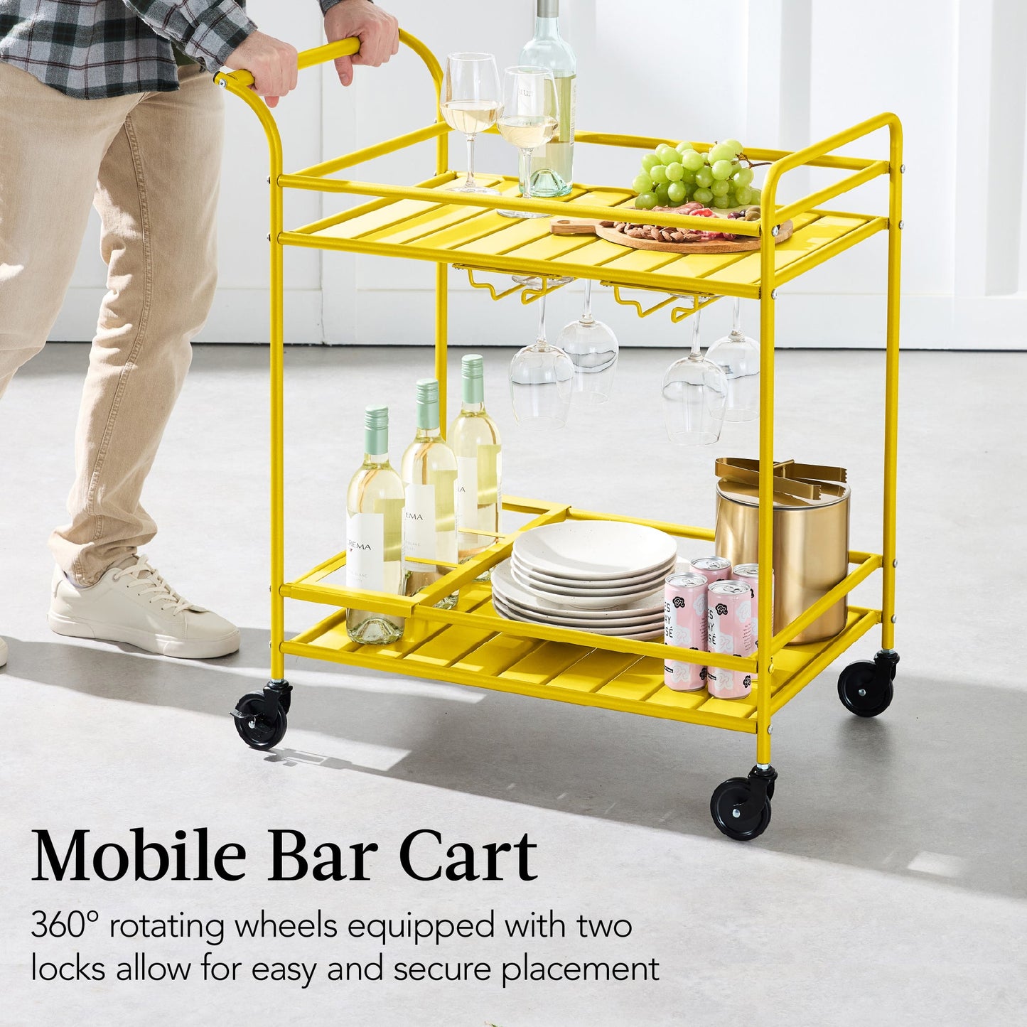 2-Tier Rolling Bar Cart Indoor/Outdoor w/ Shelves, Wine Rack, Locking Wheels