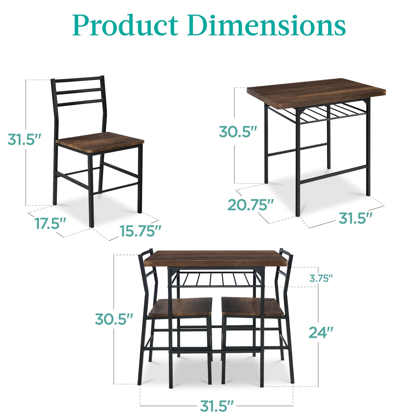 3-Piece Modern Square Dining Set w/ Storage Rack