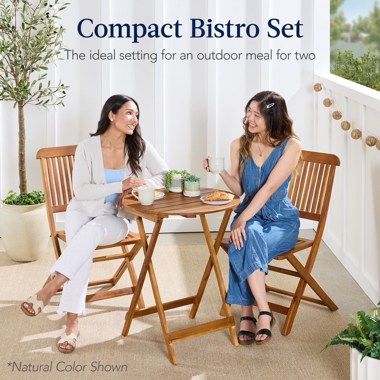 3-Piece Acacia Wood Bistro Set w/ Folding Table, 2 Chairs