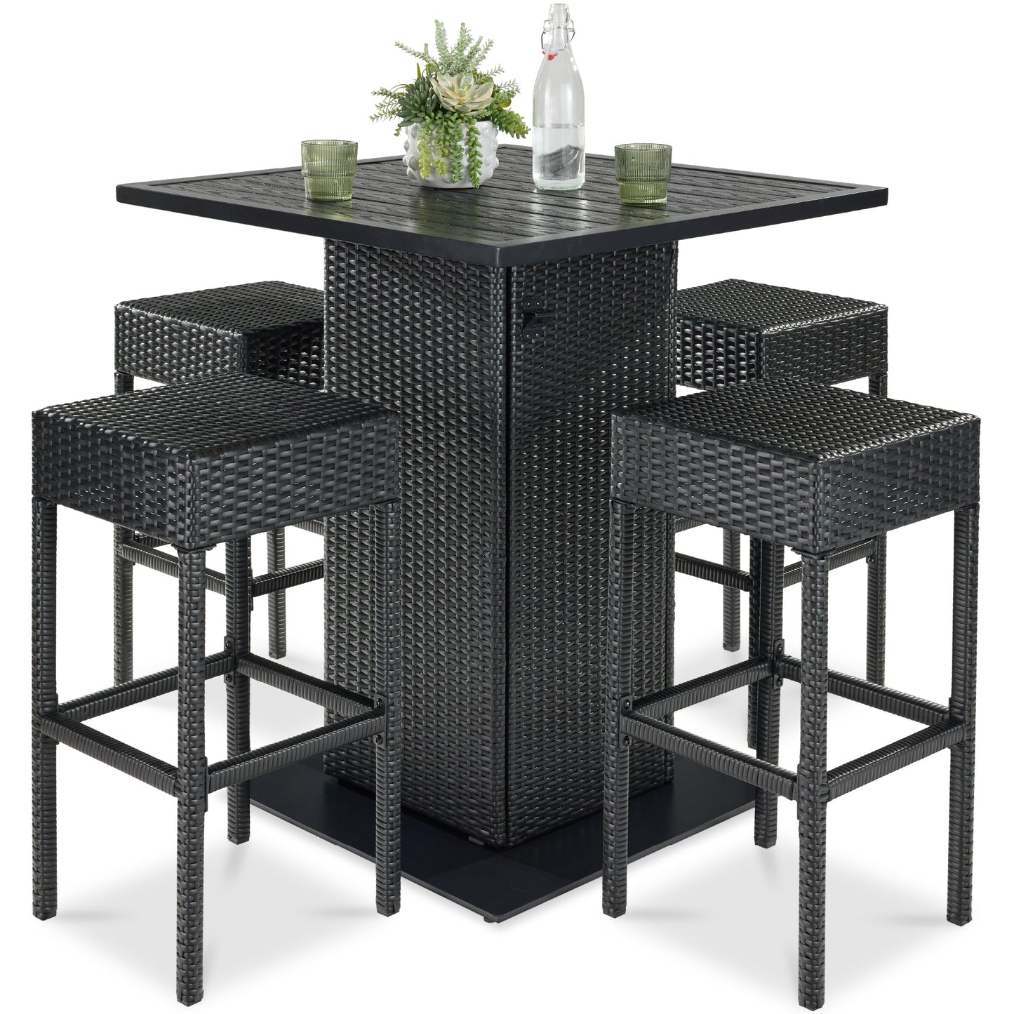 5-Piece Wicker Bar Set w/ 4 Stools, Built-In Bottle Opener, Hidden Storage