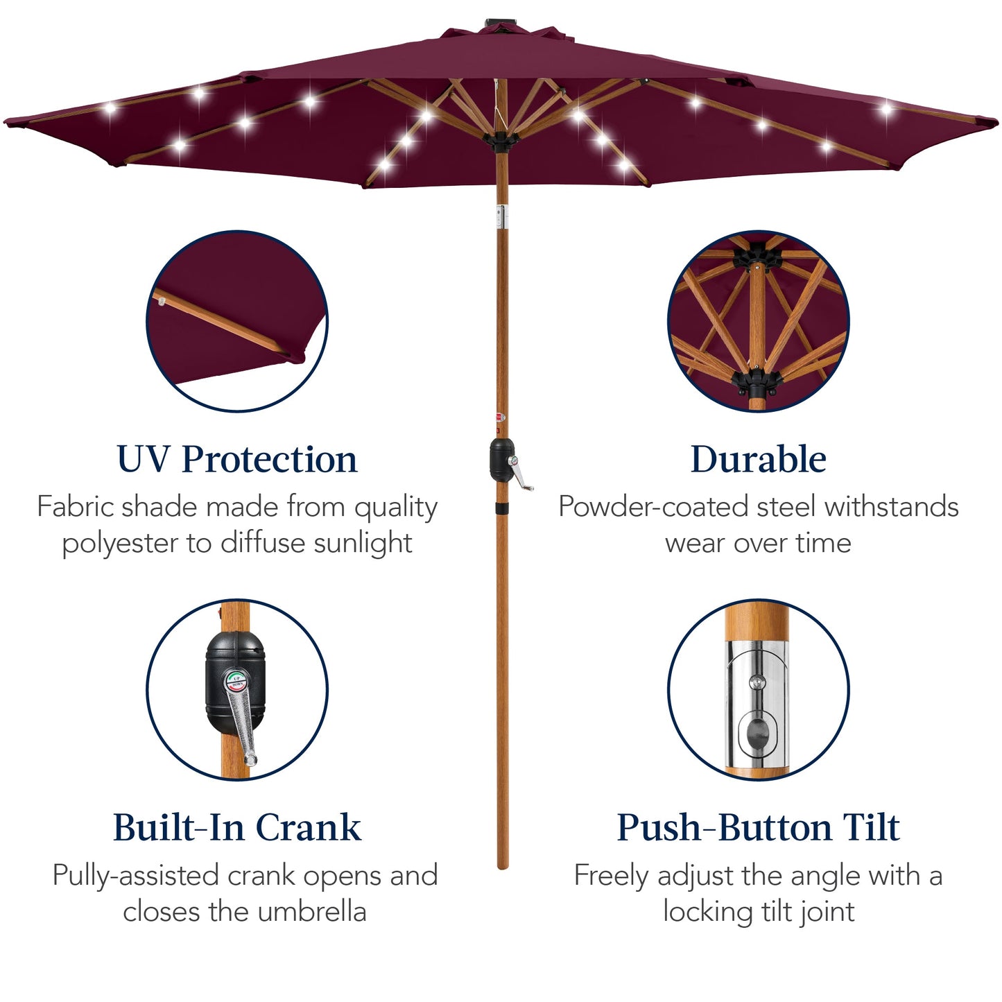 Woodgrain Pattern Solar LED Lighted Patio Umbrella w/ Adjustable Tilt - 10ft