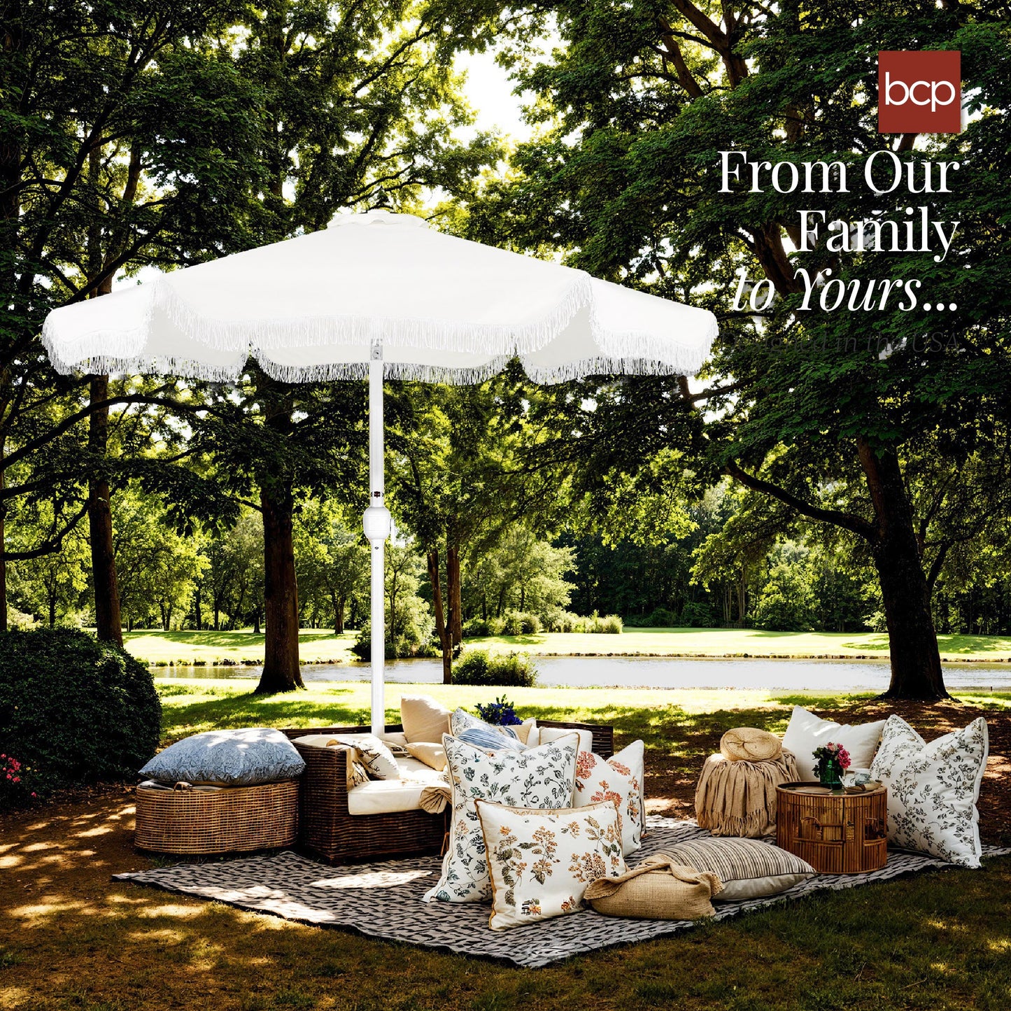 9ft Boho Fringe Umbrella  Tilt, UPF50+, Steel Pole