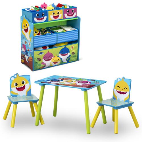 Baby Shark 4-Piece Playroom Solution by Delta Children a Set Includes Table and 2 Chairs and 6-Bin Toy Organizer