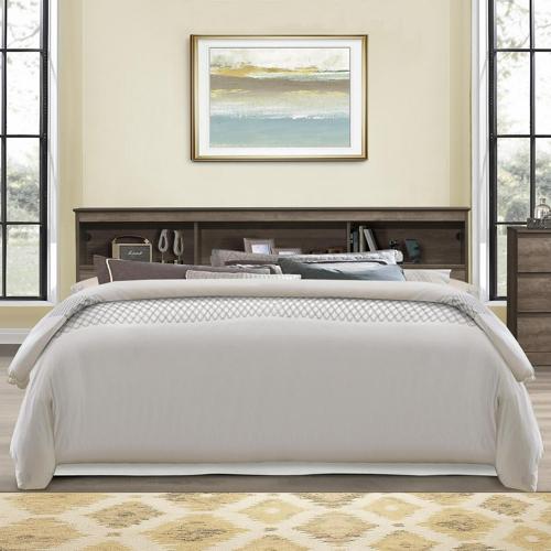 Woven Paths Carriage Hill Low Profile Bookcase King Headboard with 2 USB Ports, Gray Oak