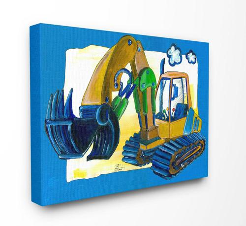 The Kids Room by Stupell Yellow Excavator with Blue Border Stretched Canvas Wall Art, 16*1.5*20