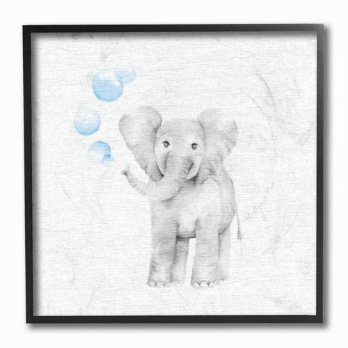 Baby Elephant Blue Bubbles Linen Look Stretched Canvas Wall Art