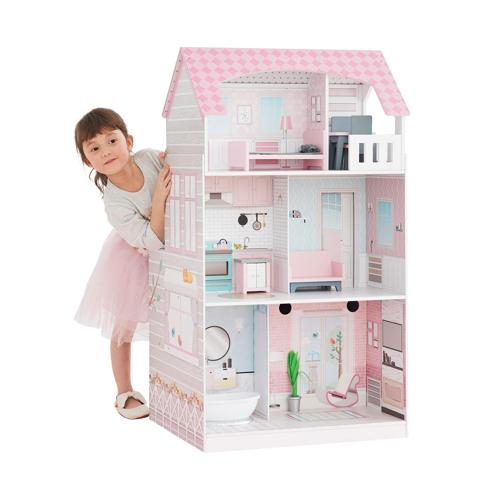 Teamson Kids Ariel 2-in-1 Play Kitchen and Dollhouse with 16 Accessories for 12 Doll, Pink/Grey