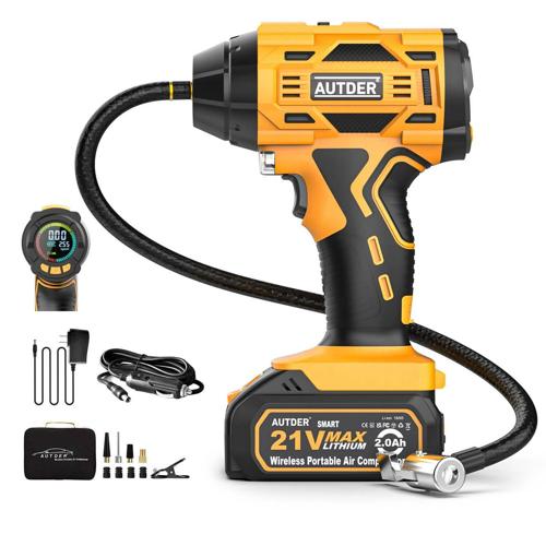 AUTDER 21V Tire Inflator Air Compressor Portable, 180PSI Cordless Car Tire Pump with Digital Pressure Gauge, with An Extra 12V Car Cigarette Lighter Power Supply - 2 Years