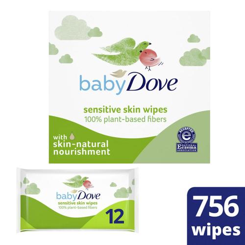 Baby Dove 100% Plant-Based Fibers Wipes, Unscented, 12 Resealable Packs (756 Total Wipes)